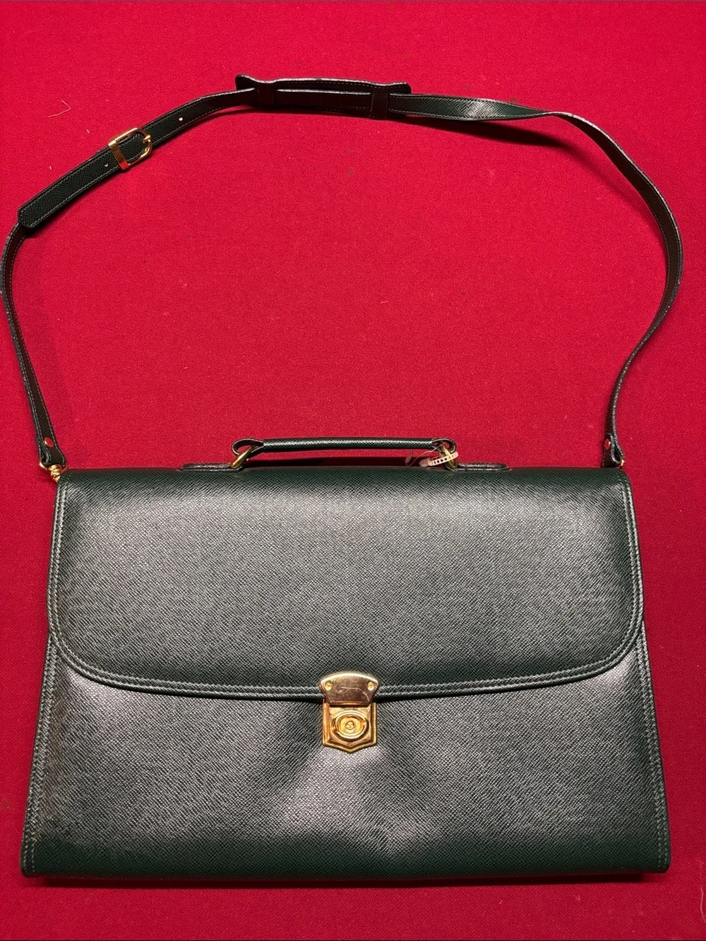 vintage dark green or forest green textured leather briefcase